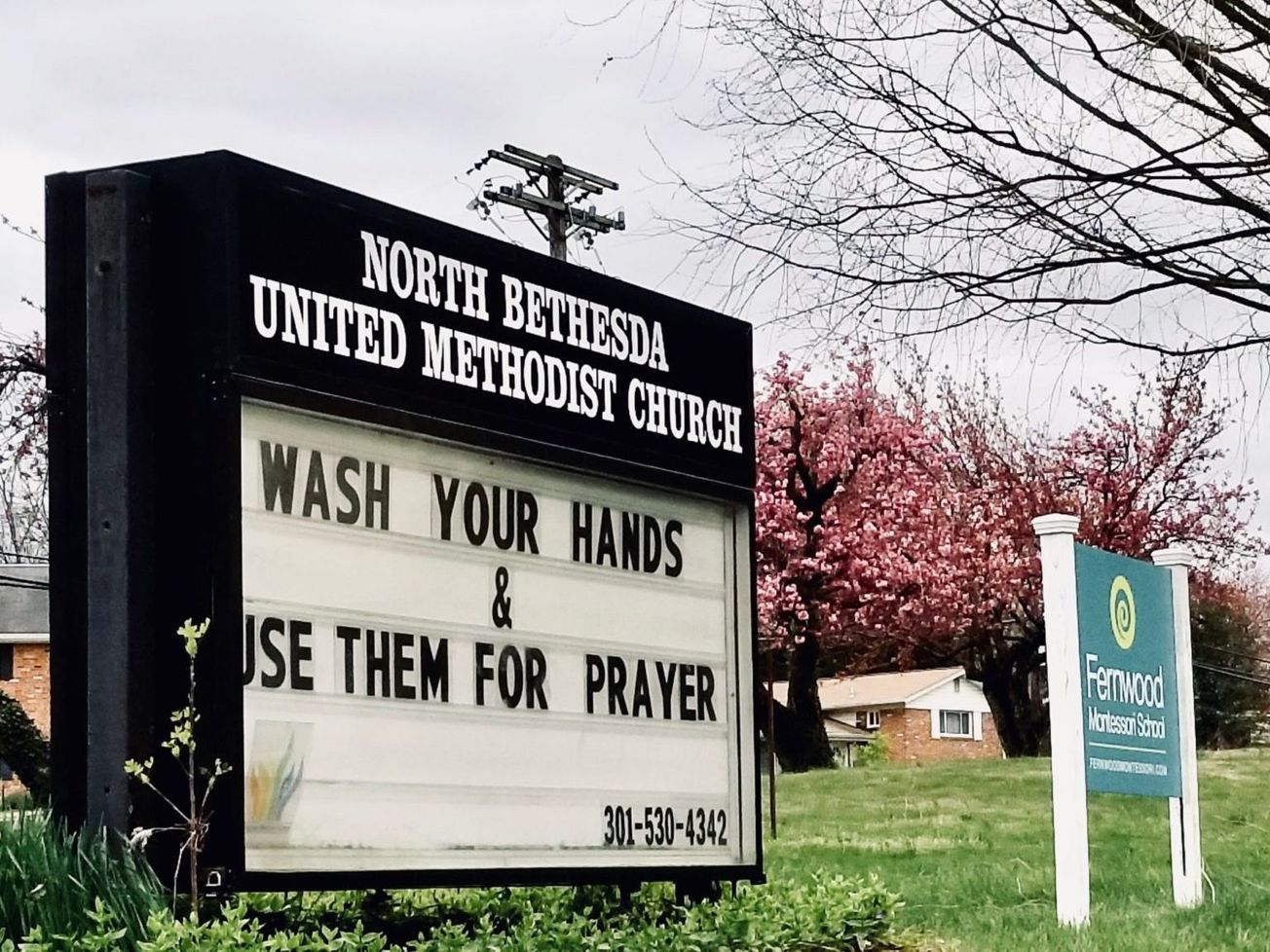 A pandemic-related church sign in the Washington region on April 4, 2020
