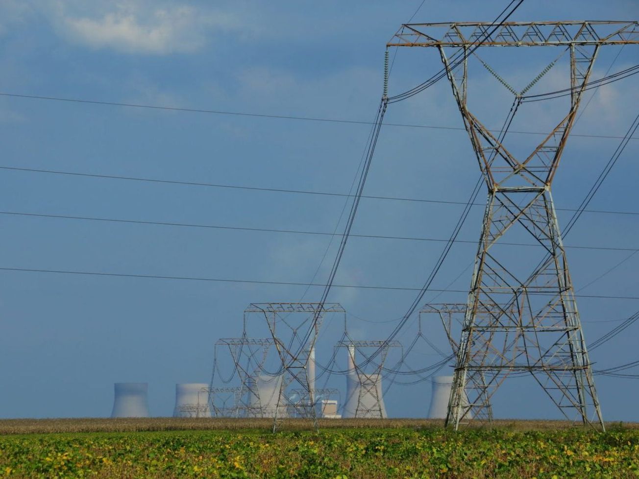 Power lines extend from South African coal-fired power plants