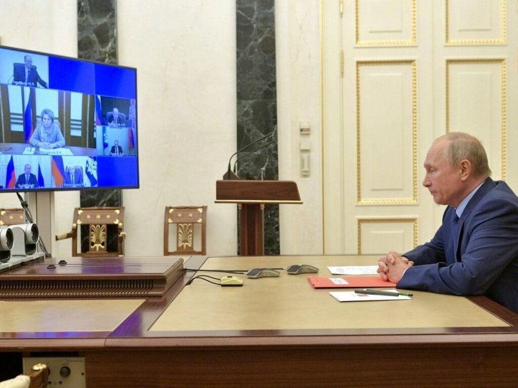 Russian President Vladimir Putin speaking with his Security Council by video link
