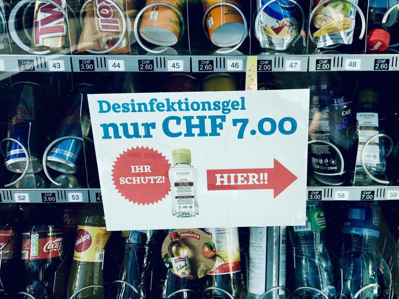 A Swiss vending machine now offers hand disinfection gel