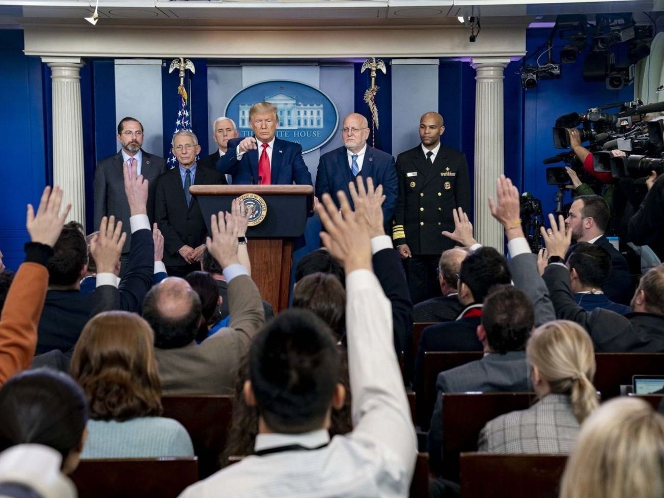 U.S. President Donald Trump and Vice President Mike Pence at a February 29, 2020 White House news briefing