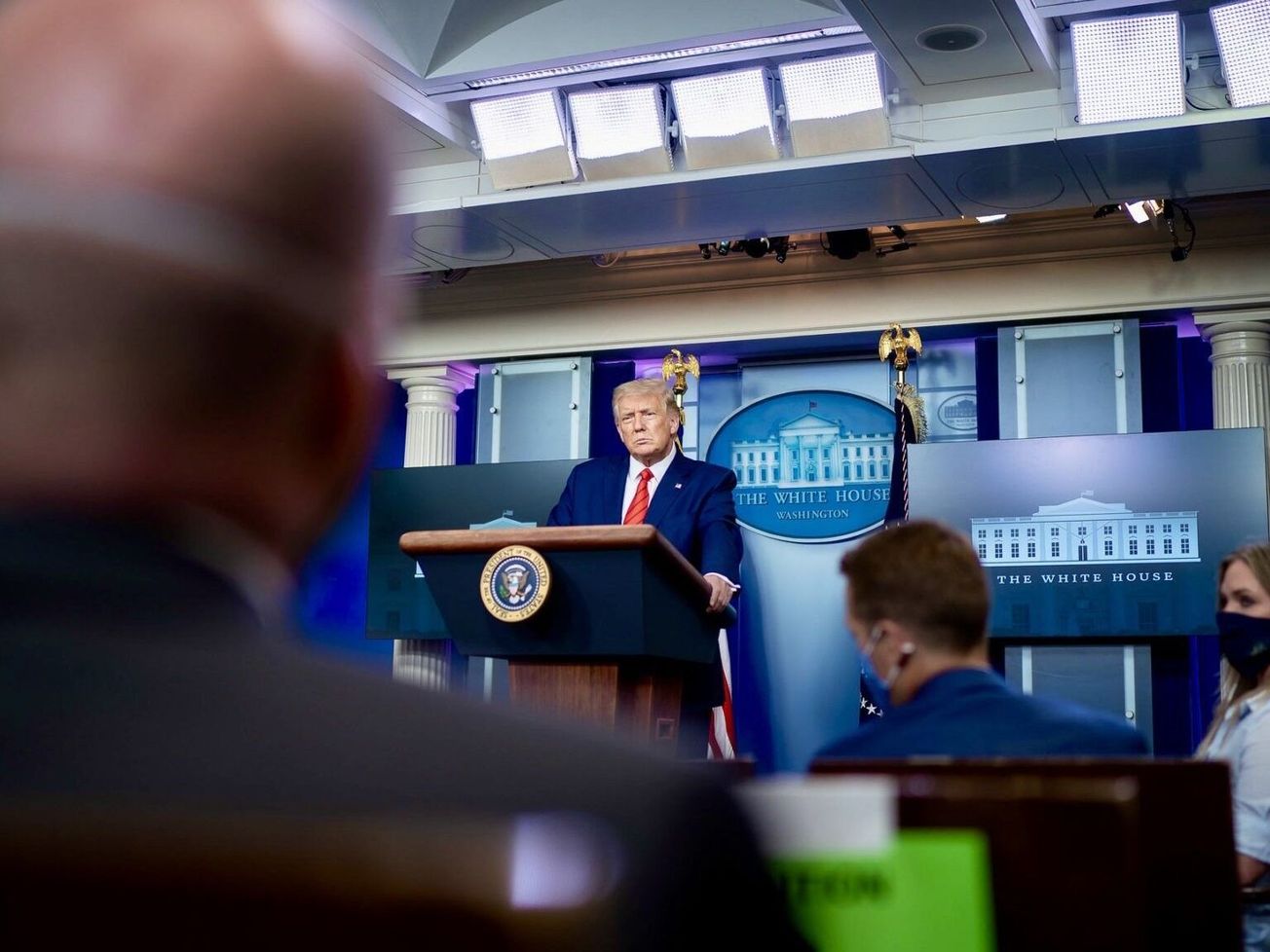 U.S. President Donald Trump speaks to reporters at the White House