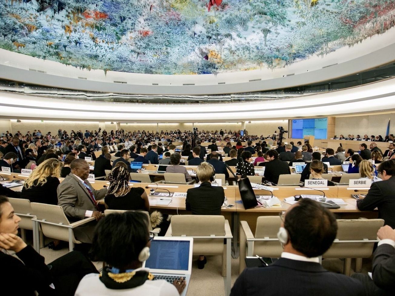 The U.N. Human Rights Council chamber, in Geneva, with its dome painted by Spanish artist Miquel Barceló