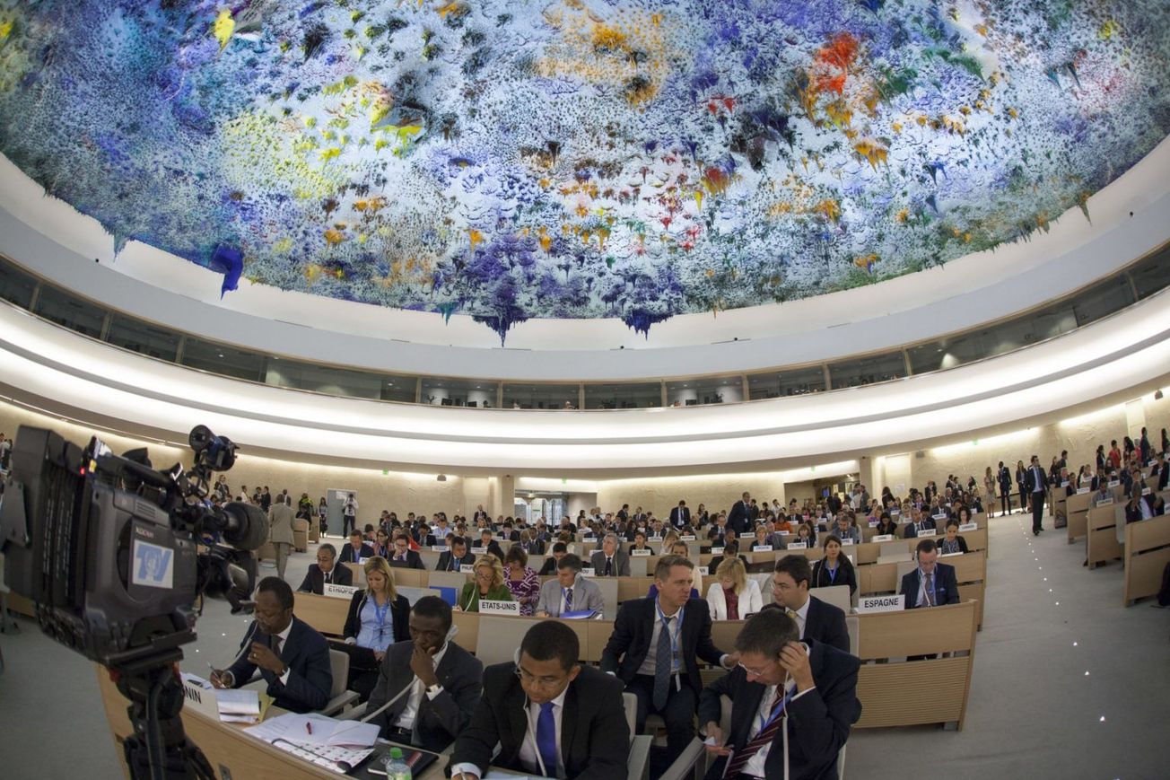 The U.N. Human Rights Council chamber in Geneva, with its dome painted by Miquel Barceló