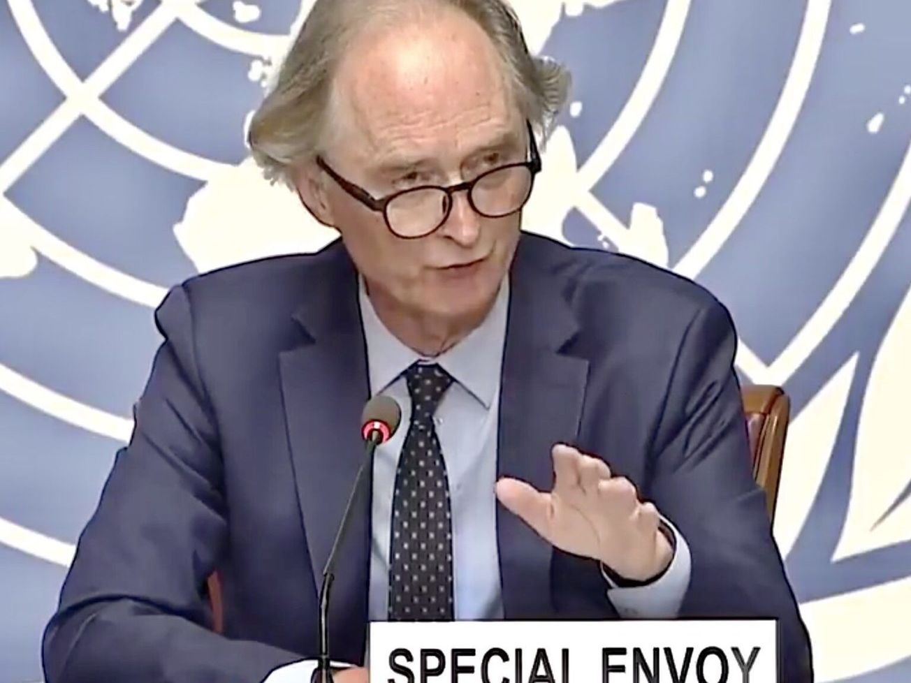 The U.N.’s Syria envoy, Geir Pedersen, speaks to reporters in Geneva this month