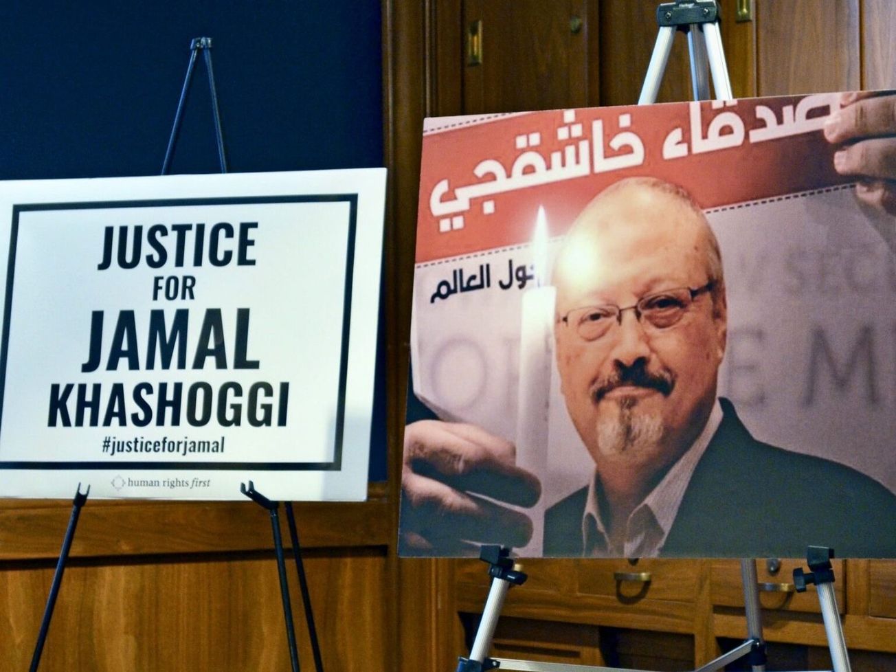 A display at a U.S. Senate hearing in 2019 to mark the 1-year anniversary of Jamal Khashoggi’s murder