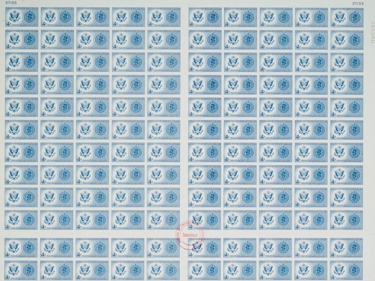 U.S. postal stamps honoring the World Health Organization's malaria eradication efforts more than a half-century ago