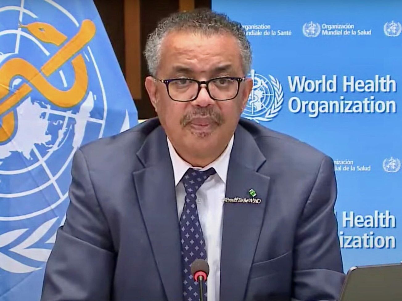 WHO Director-General Tedros Adhanom Ghebreyesuscases at a recent Geneva news briefing