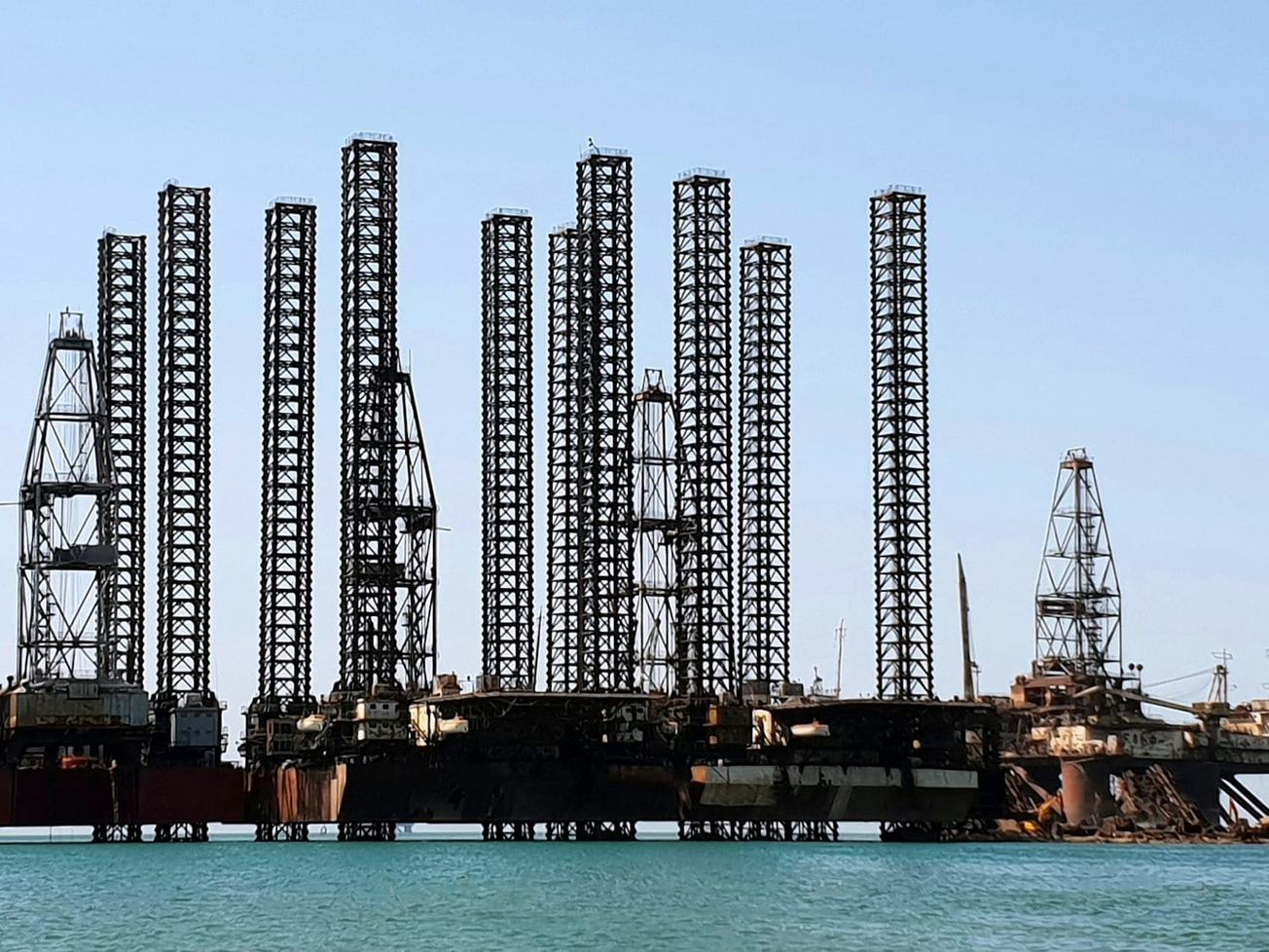 An oil rig off the Caspian sea coast near Baku, Azerbaijan.