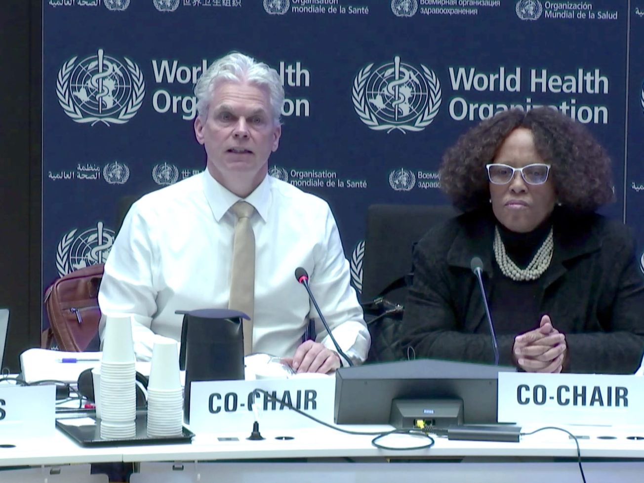 Co-chairs Roland Driece and Precious Matsoso at the pandemic treaty talks.