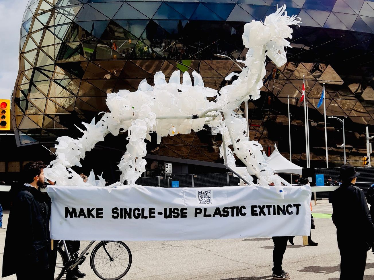 A protest exhibit outside the U.N. plastic treaty talks in Ottawa