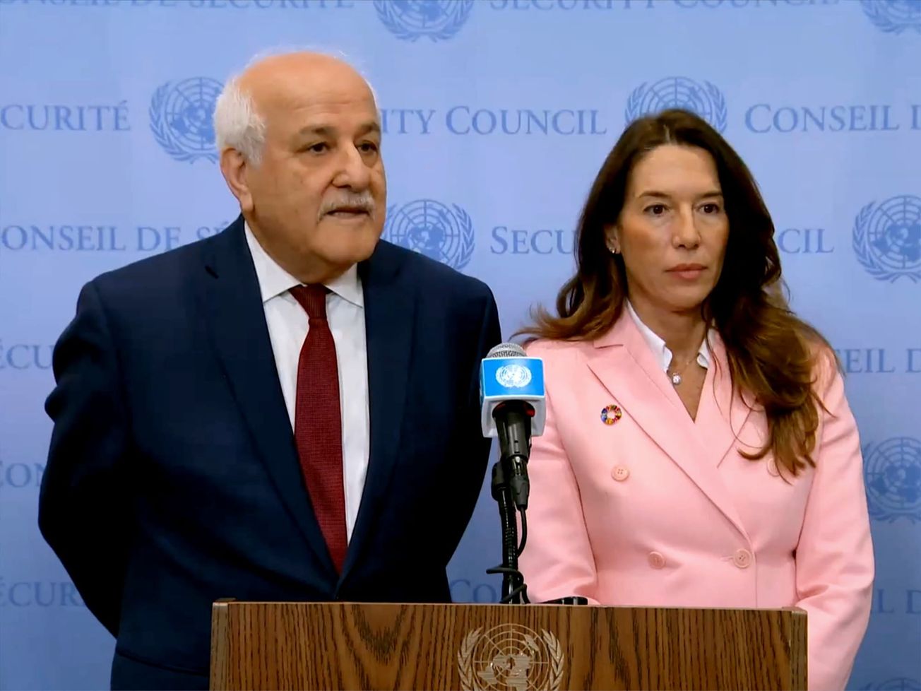 Palestinian Ambassador Riyad Mansour, left, and Malta's Ambassador Vanessa Frazier