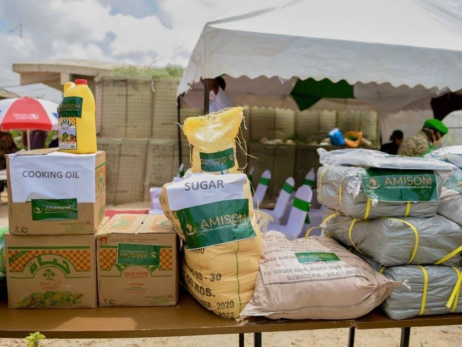 Relief items the A.U. Mission in Somalia donated to flood and drought-affected areas