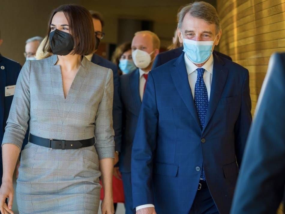 Belarusian opposition leader Sviatlana Tsikhanouskaya speaks to European lawmakers