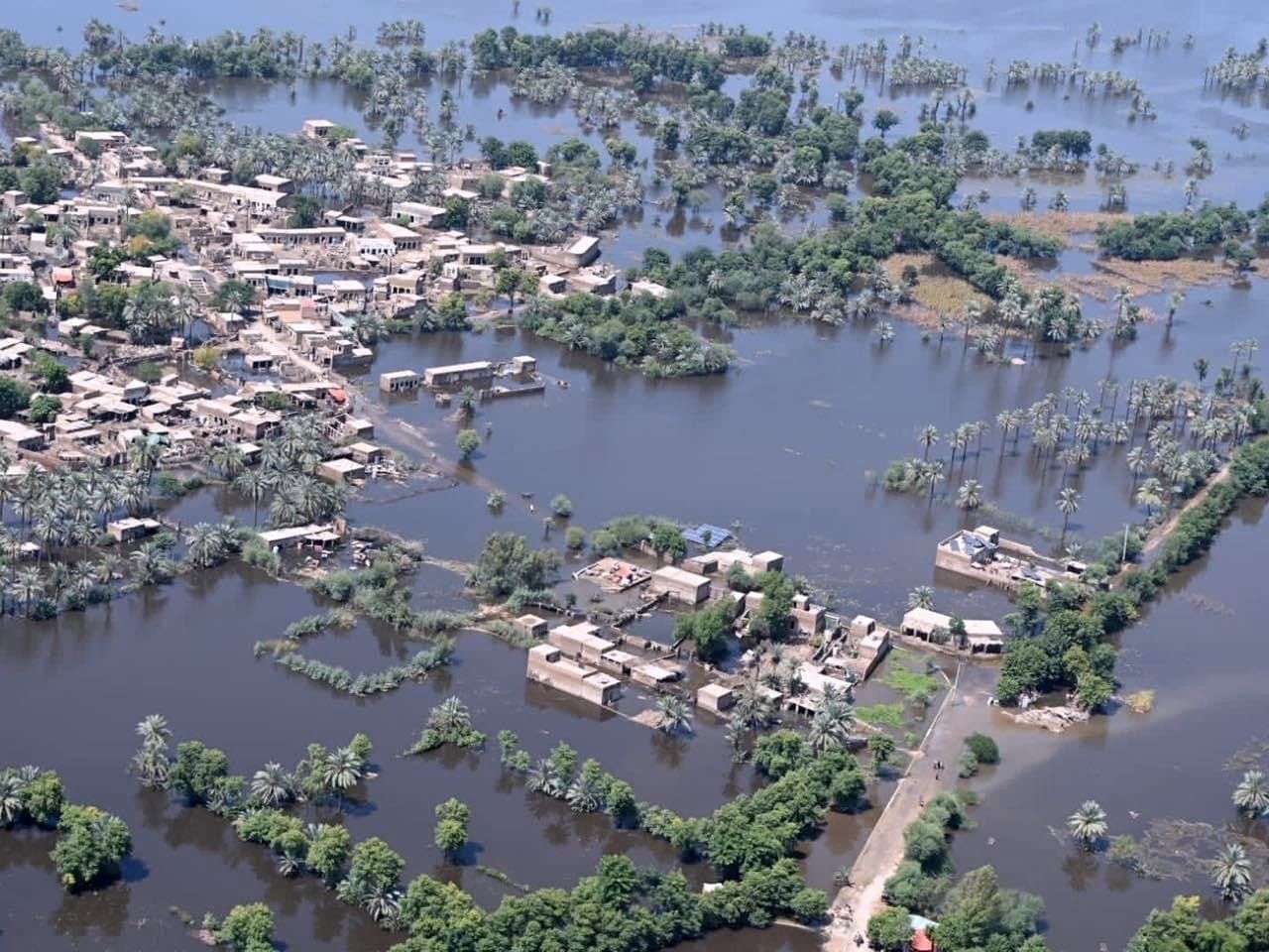 A city in Pakistan's Sindh province of Pakistan almost completely underwater in August 2022.