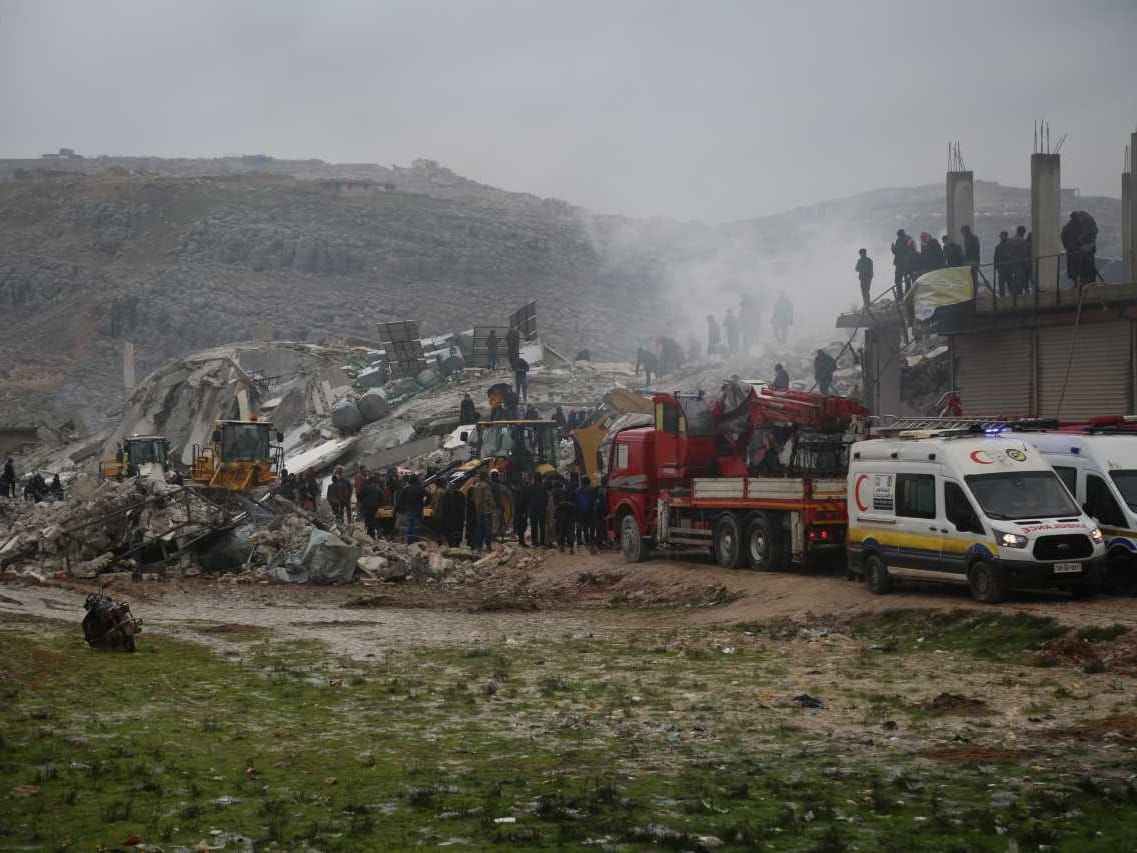 Earthquake rescue efforts in opposition-held Sarmada near northwest Syria’s border with Turkey