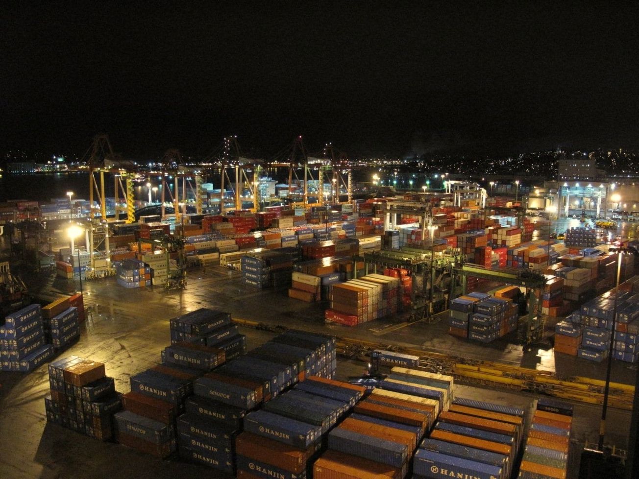 Shipping containers at the Port of Vancouver by night