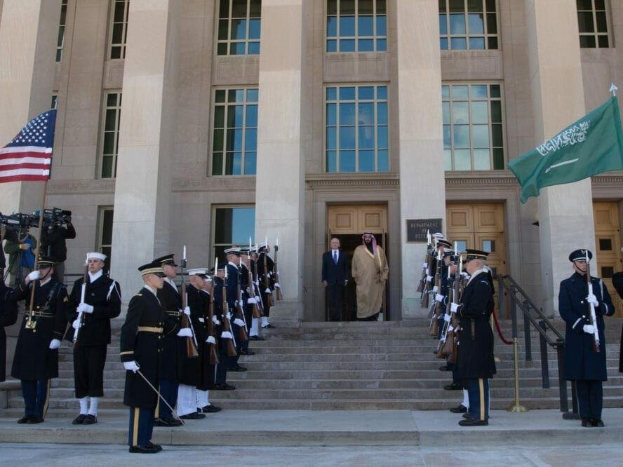 U.S. Defense Secretary Jim Mattis with Saudi Arabia's Crown Prince Mohammed bin Salman