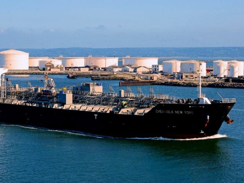 An oil tanker under Singapore's flag leaves Port of Le Havre, France