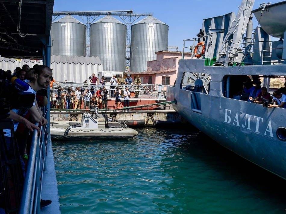 International media tour a Ukrainian vessel in Odesa during a 2017 U.S.-Ukraine maritime exercise in the Black Sea