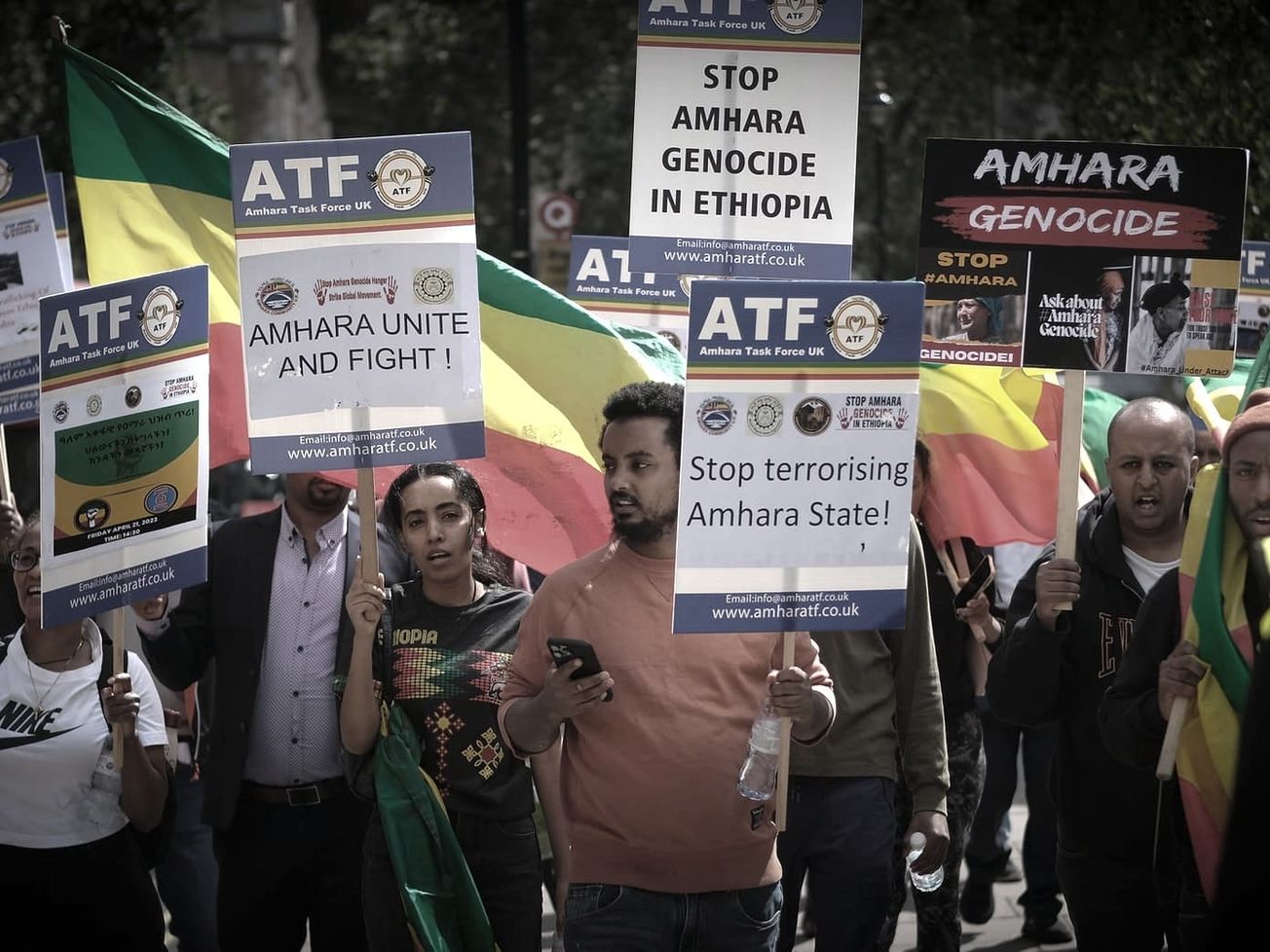 Activists at a 2023 London protest on Ethiopia's Amhara conflict