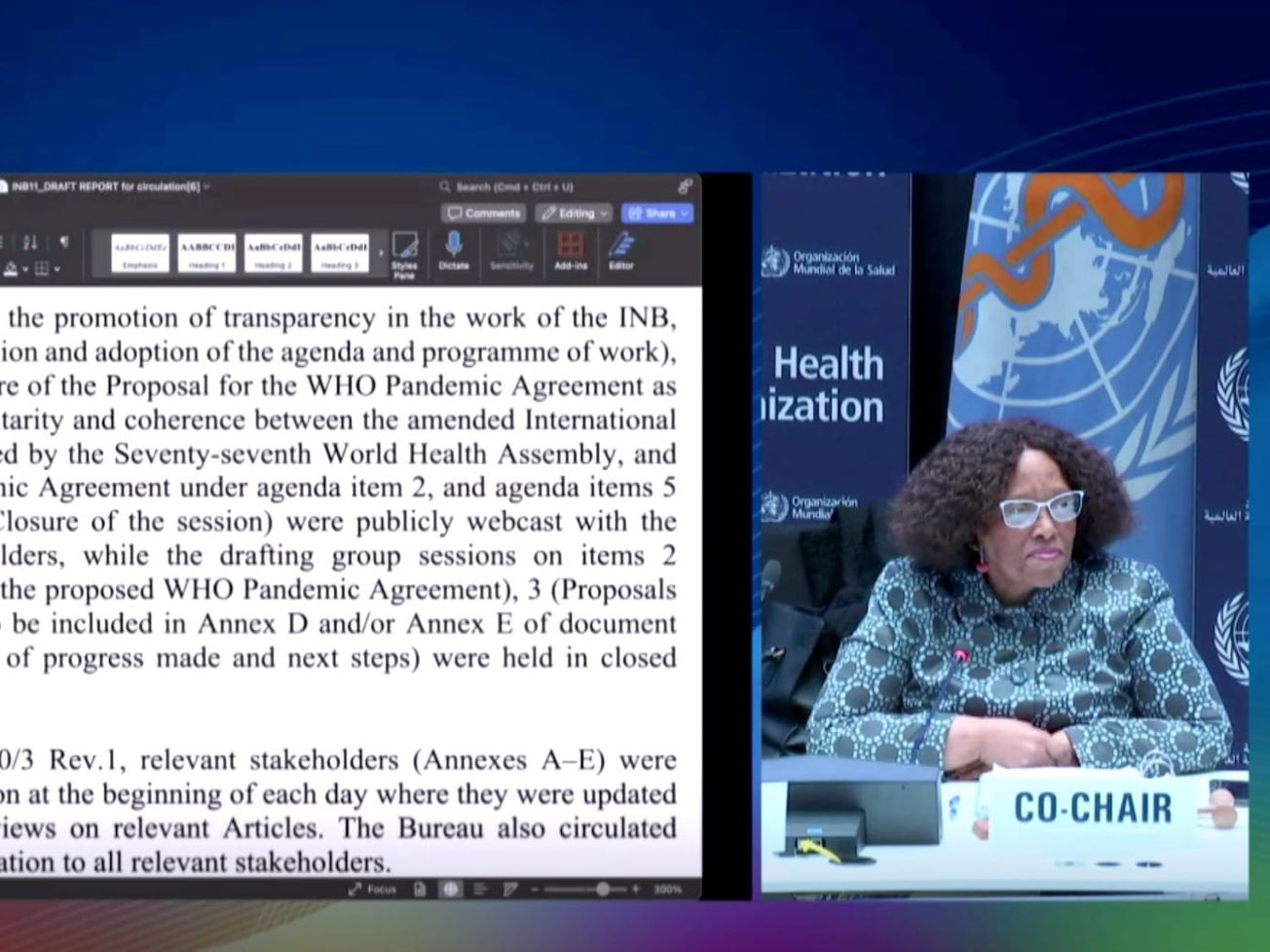 A split screen web broadcast of the conclusion of the latest round of global pandemic treaty talks