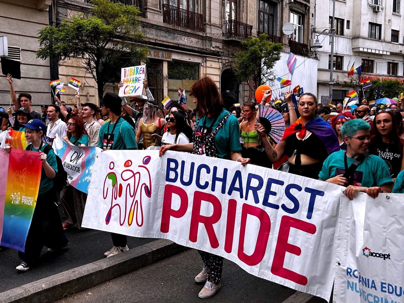 Tens of thousands of people march in the largest gay pride parade in Romania in June.