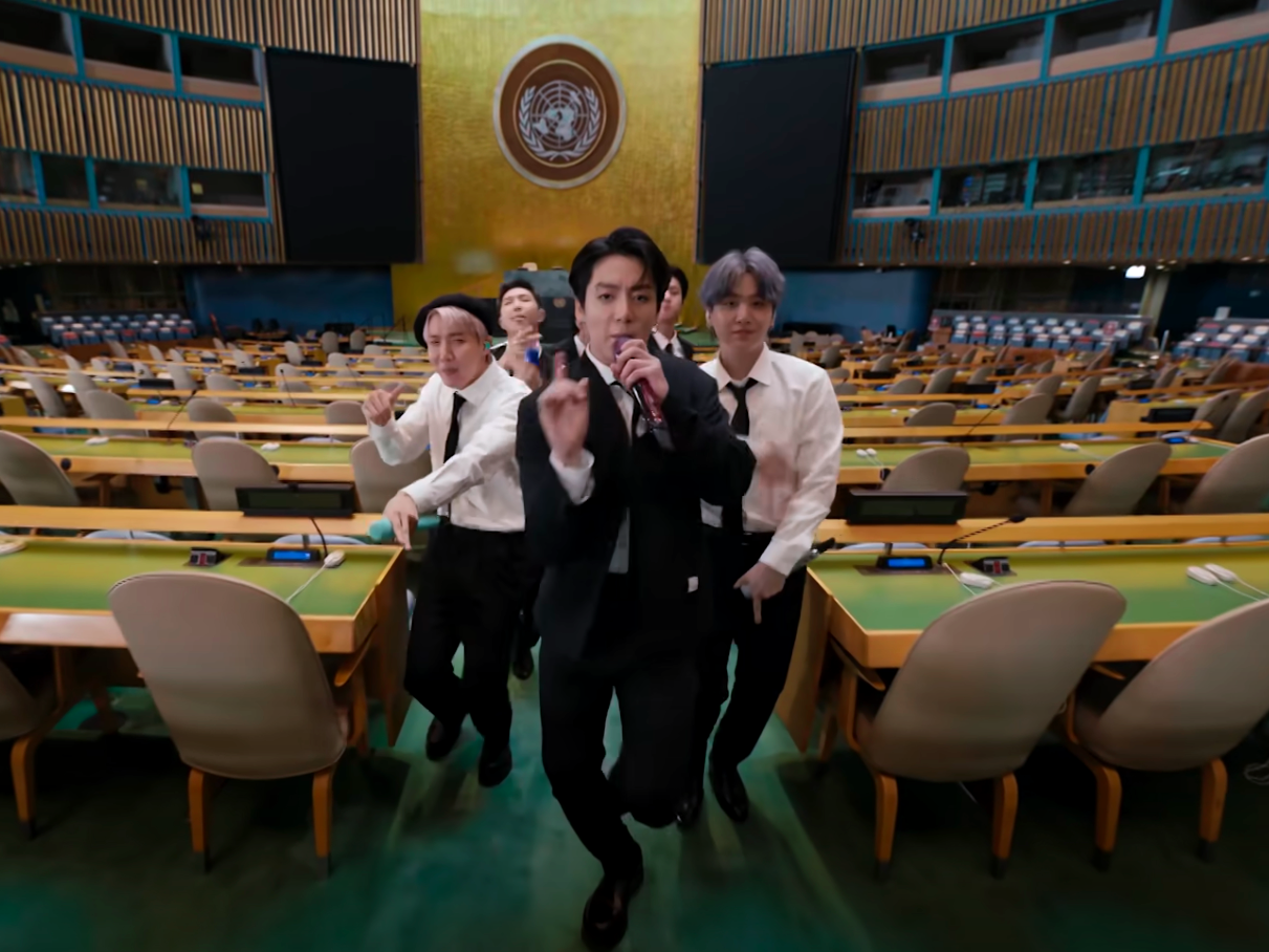 A screenshot of BTS performing in the U.N.'s most popular video on YouTube