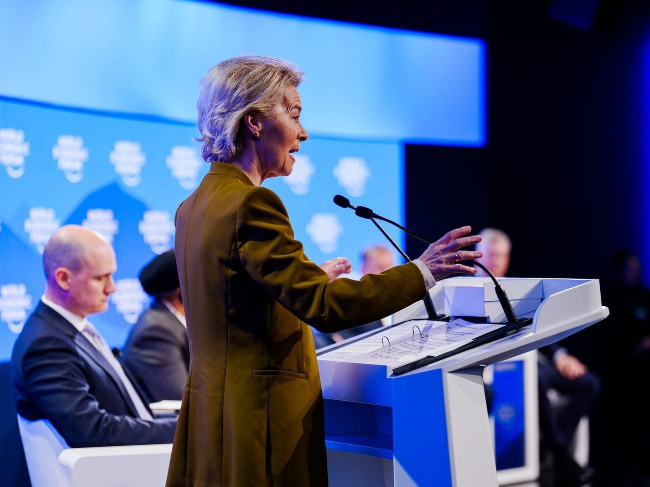 European Commission President Ursula von der Leyen speaks in Davos. 