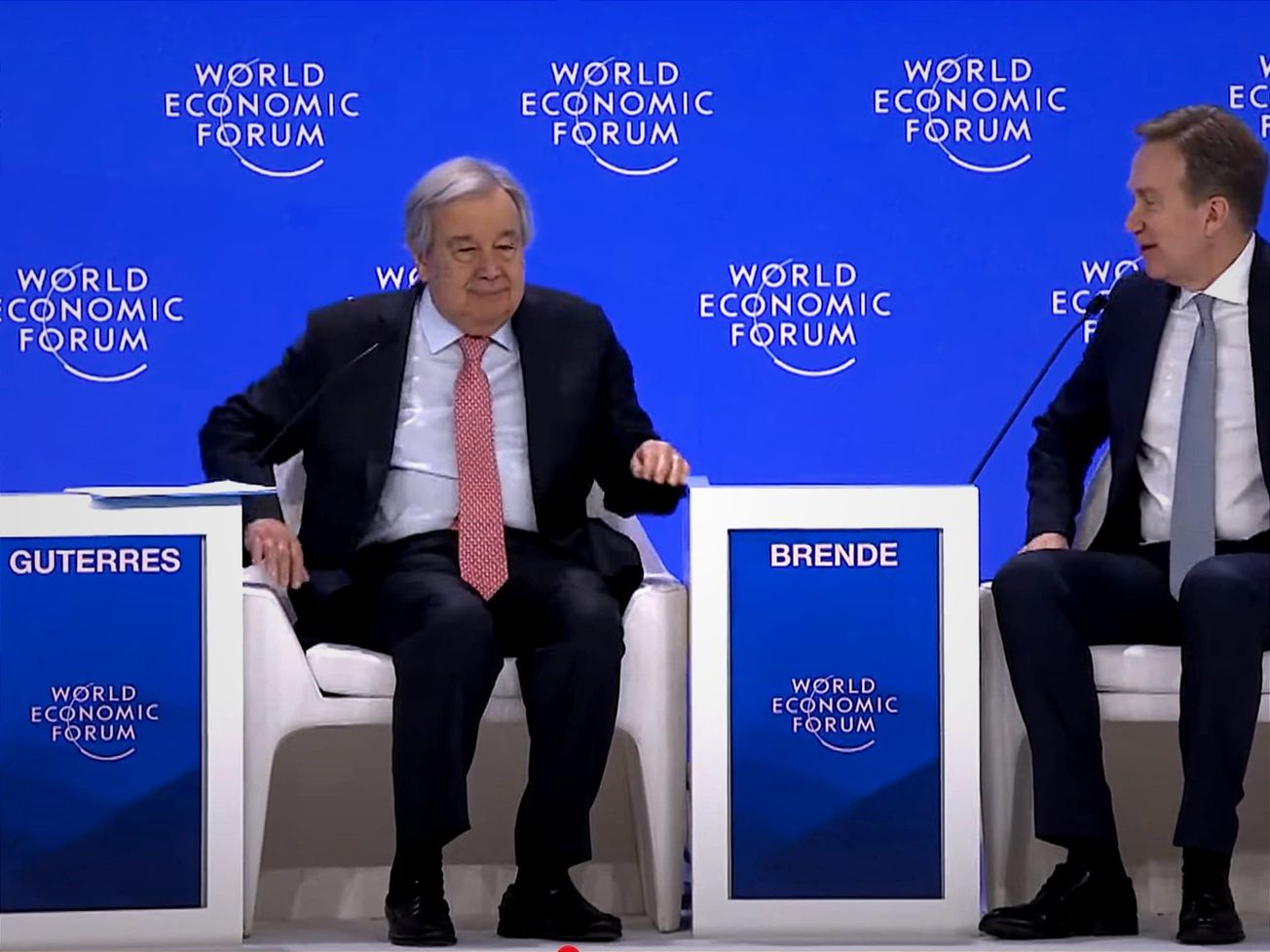 U.N. chief António Guterres, left, speaks with WEF President Børge Brende at 2025 Davos.