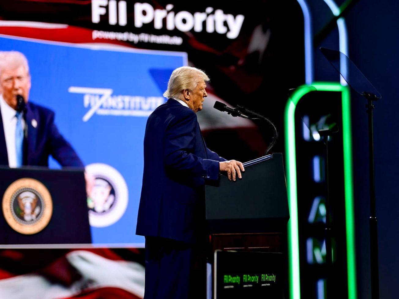 U.S. President Donald Trump speaks at a Saudi-sponsored investment conference in Miami. 