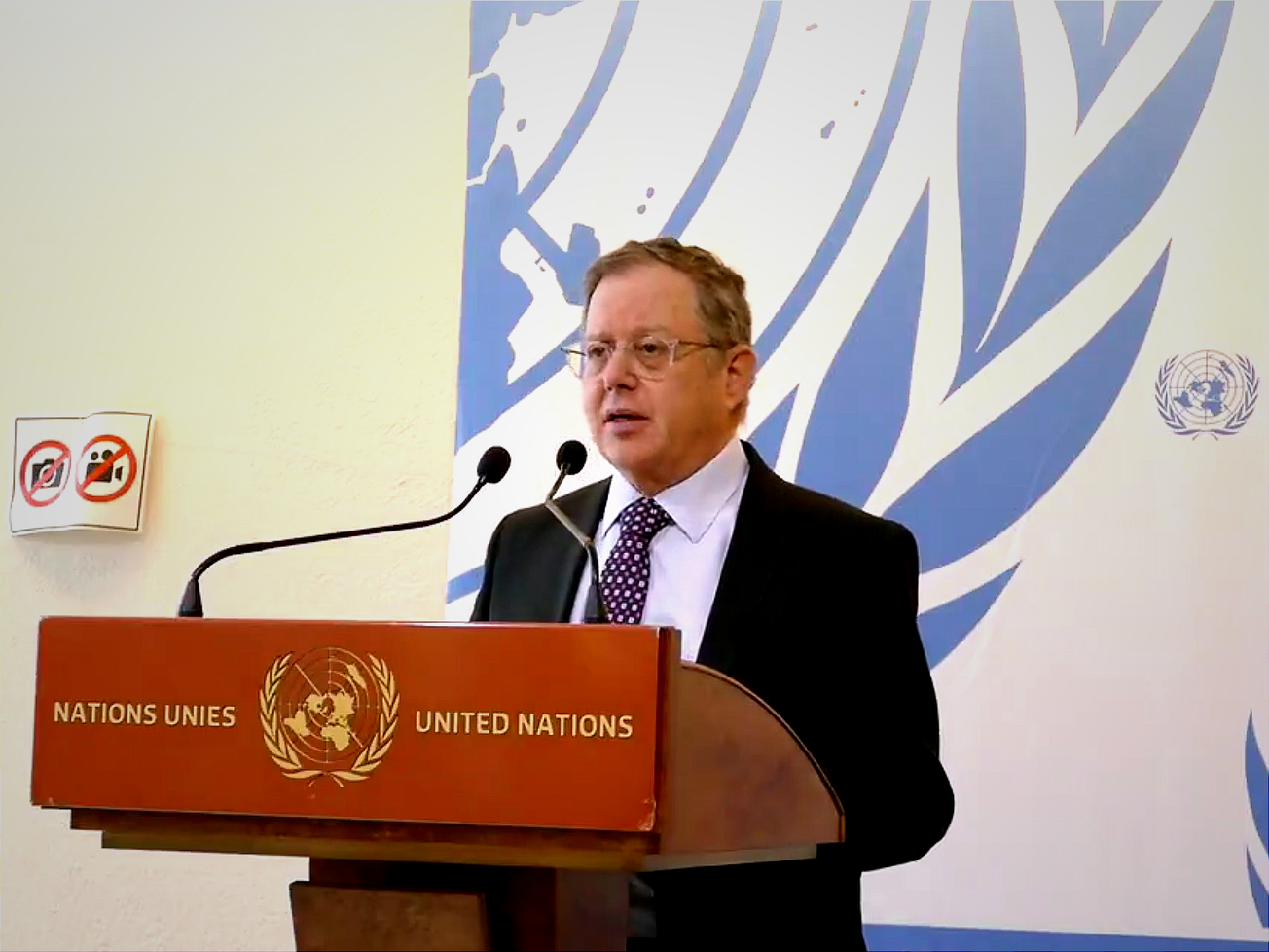 Israel's U.N. Ambassador Daniel Meron talks in Geneva.