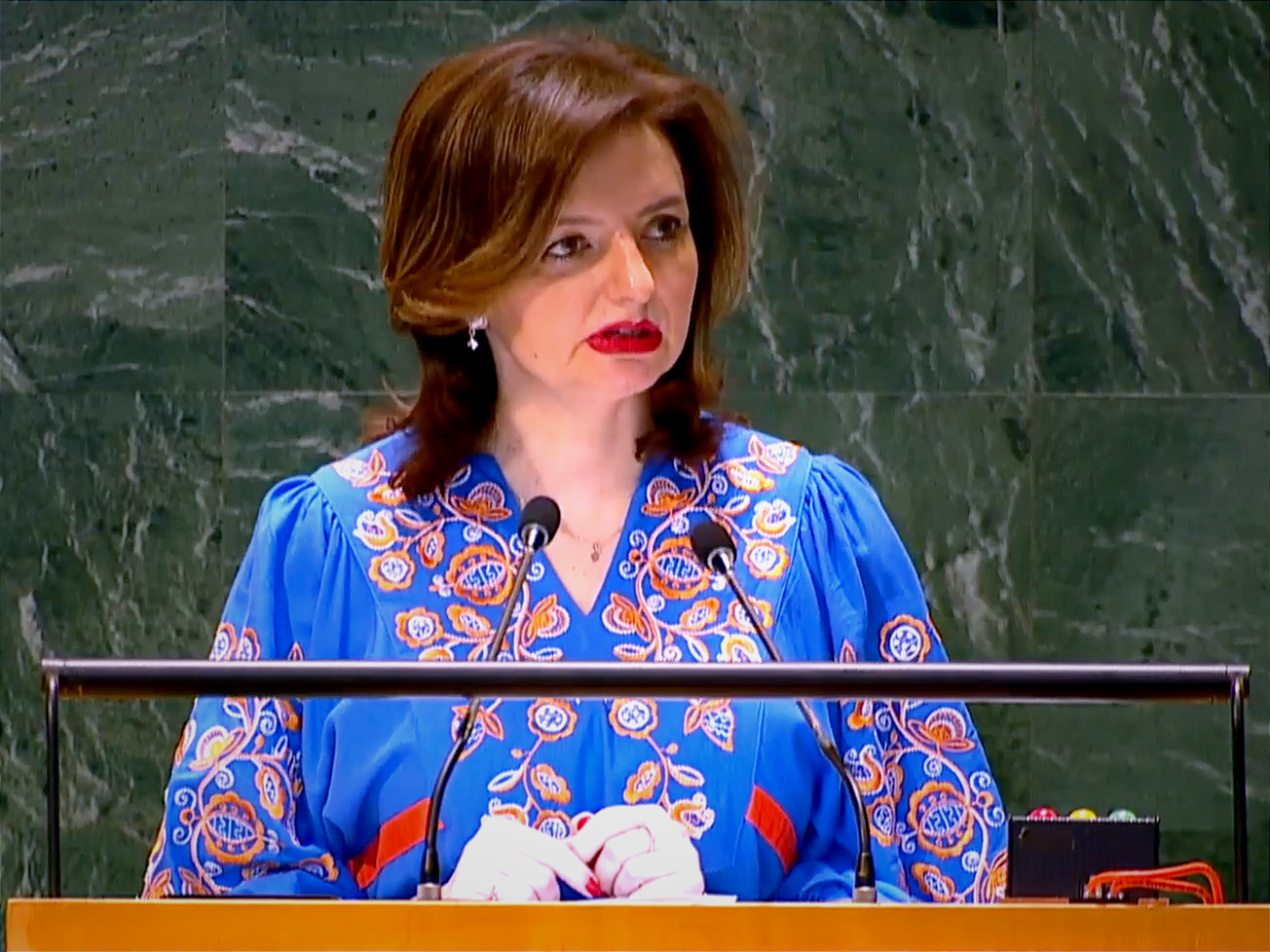 Ukraine's Deputy Foreign Minister Mariana Betsa addresses an emergency session of the U.N. General Assembly on Ukraine.
