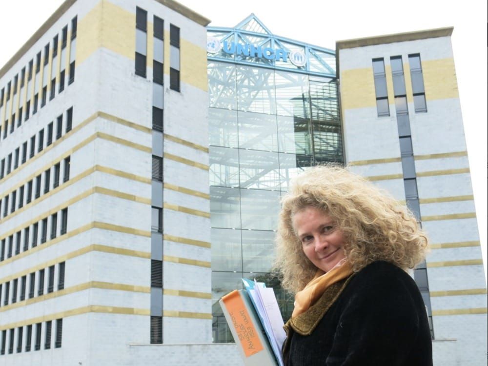 Caroline Hunt-Matthes in front of the U.N. refugee agency in Geneva