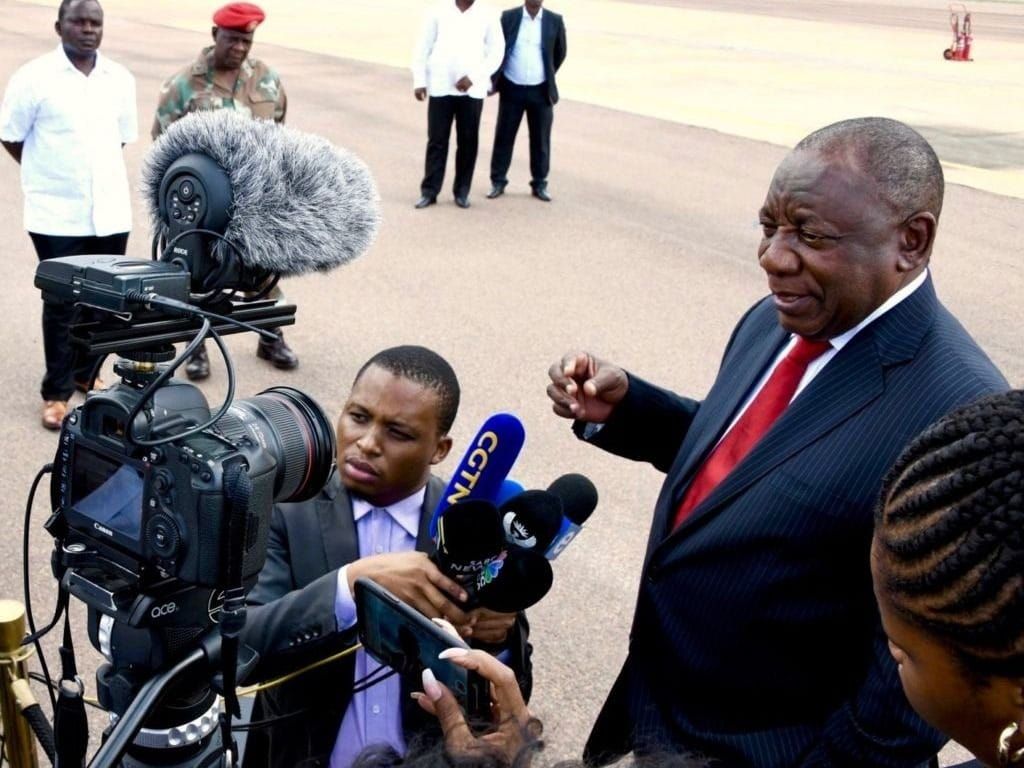 South Africa's President Cyril Ramaphosa talks to reporters before the 33rd A.U. summit