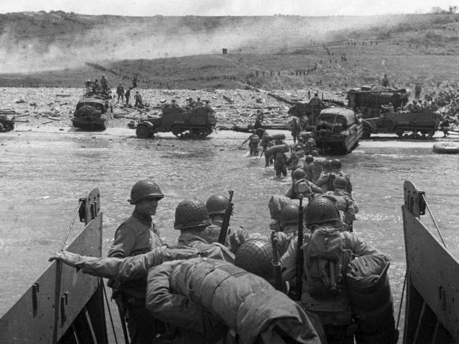 Soldiers coming ashore on D-Day at Normandy, France in 1944.