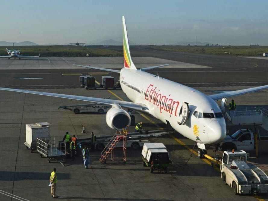 An Ethiopian Airlines Boeing 737 at Bole International Airport, Addis Ababa 