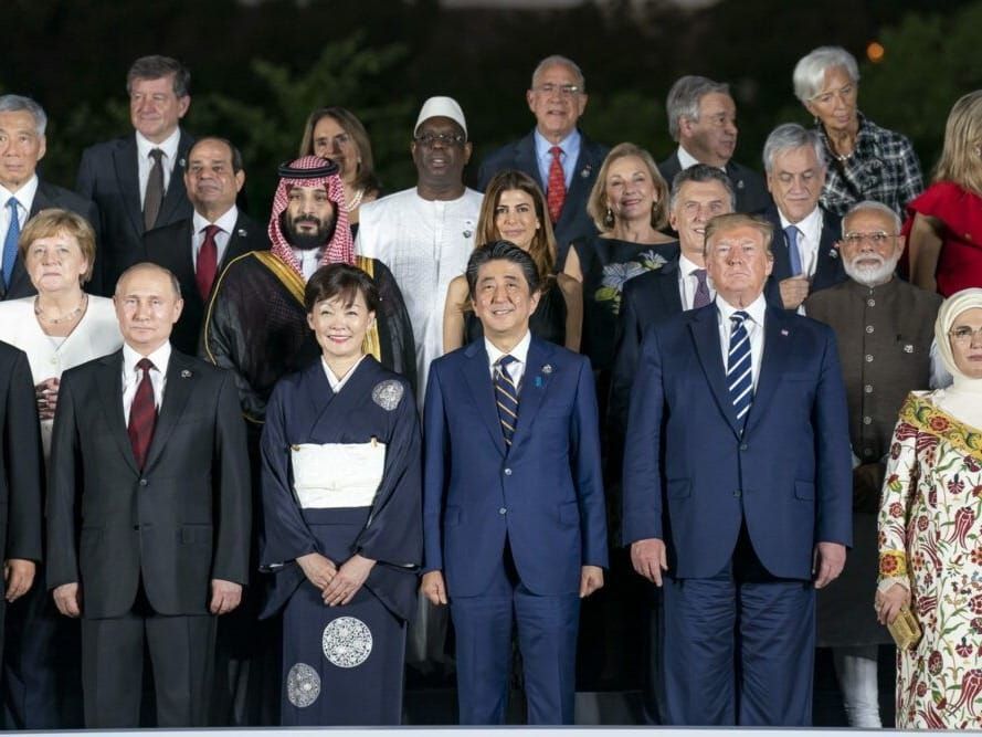 A group photo of leaders during the G-20 summit in Osaka, Japan