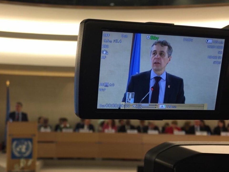 Swiss Foreign Minister Ignazio Cassis addresses the U.N. Human Rights Council in Geneva