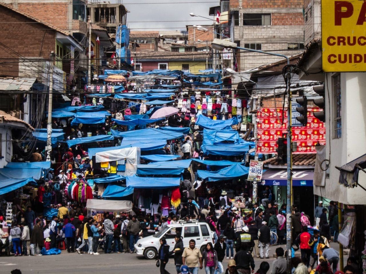 Shoppers at markets in Cusco, Peru