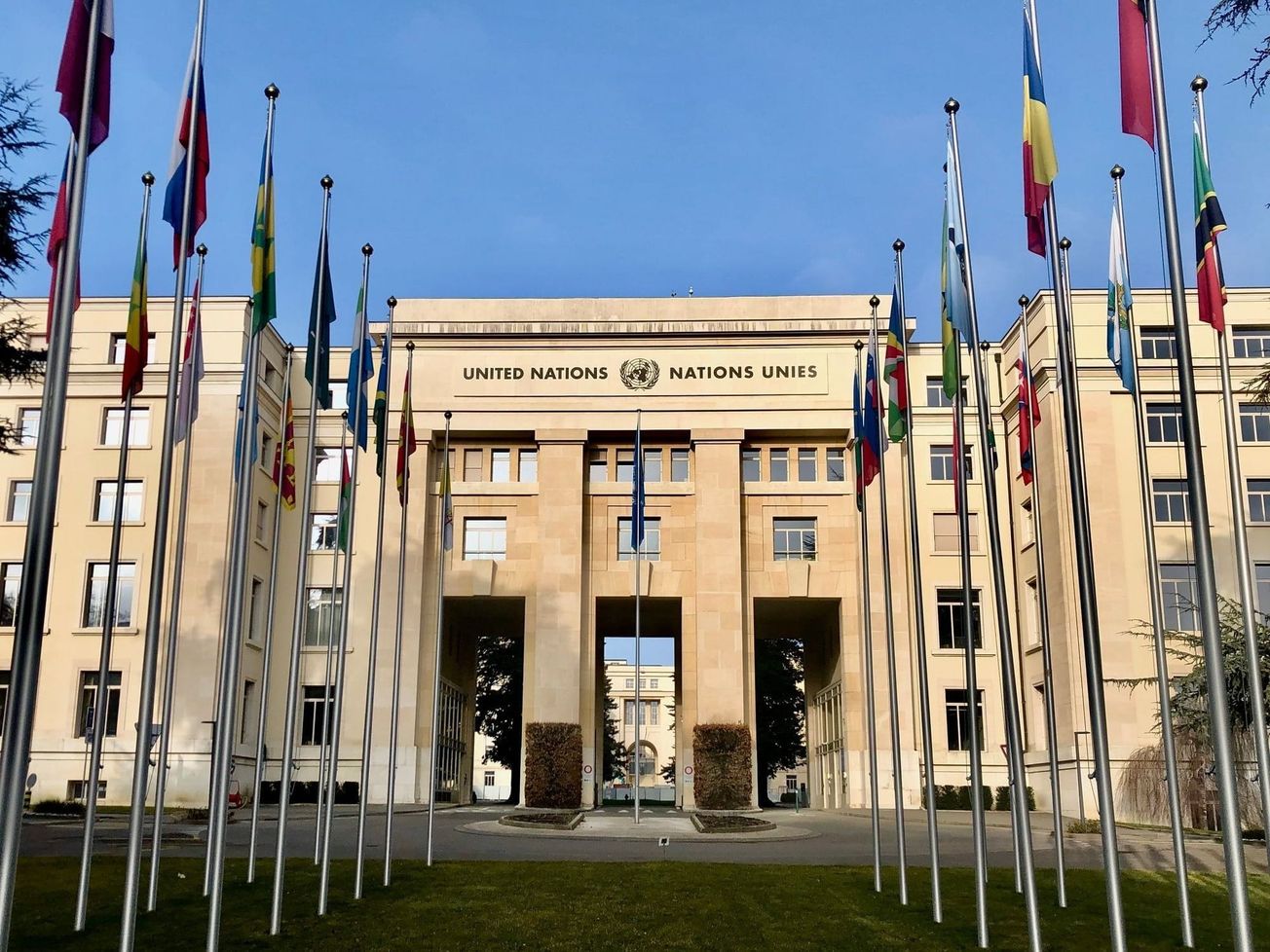 Rows of flags outside the U.N. headquarters at the Palais des Nations in Geneva 