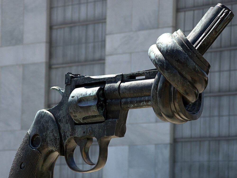 Nonviolence sculpture, also known as "the knotted gun," at U.N. headquarters in New York