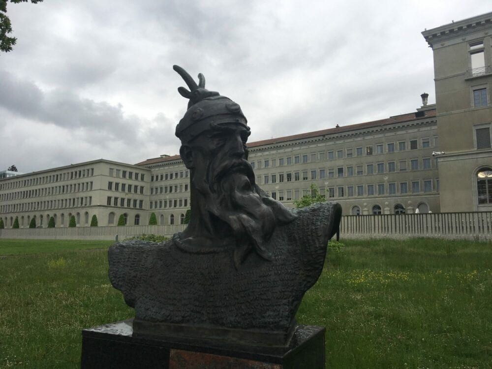 A sculpture behind the World Trade Organization's headquarters in Geneva.