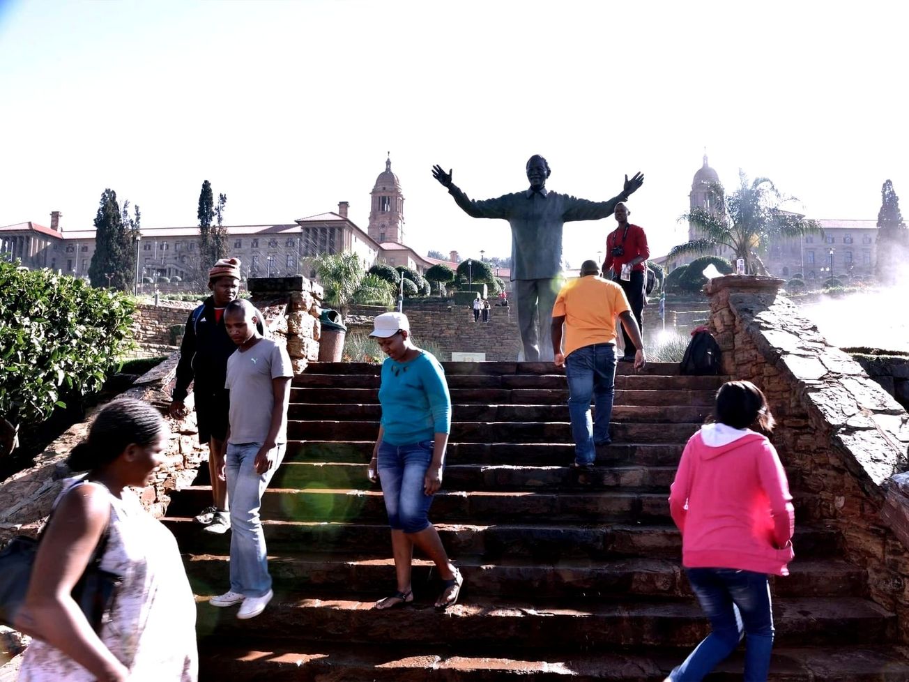 A statue of Nelson Mandela greets visitors at Pretoria's Union Buildings