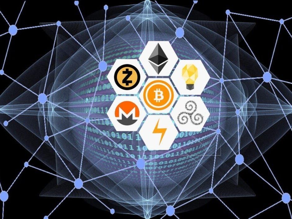 Illustration of blockchain-enabled cryptocurrencies.