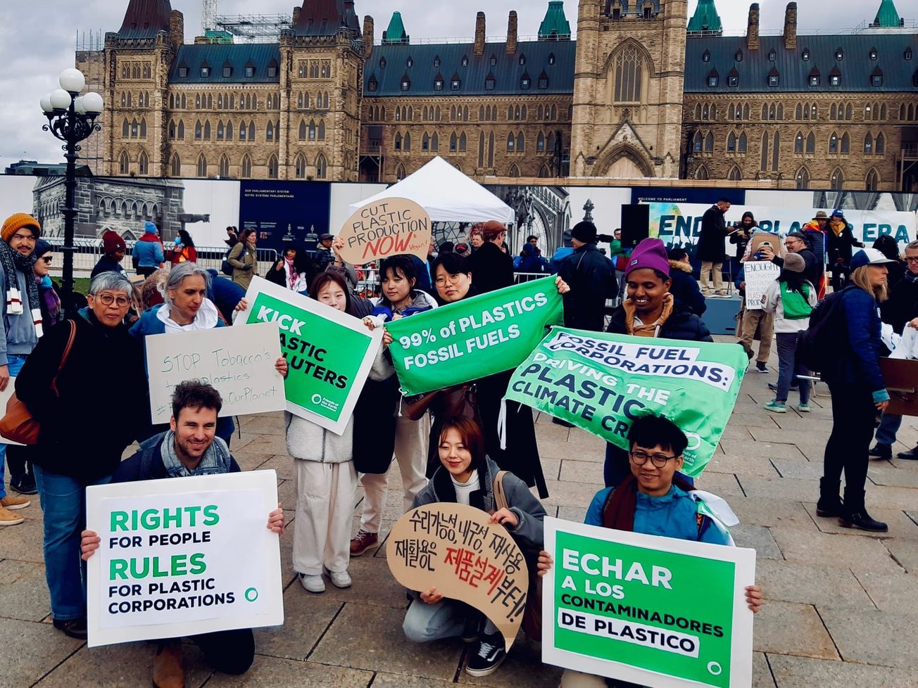 Demonstrators outside the plastic treaty talks in Ottawa 