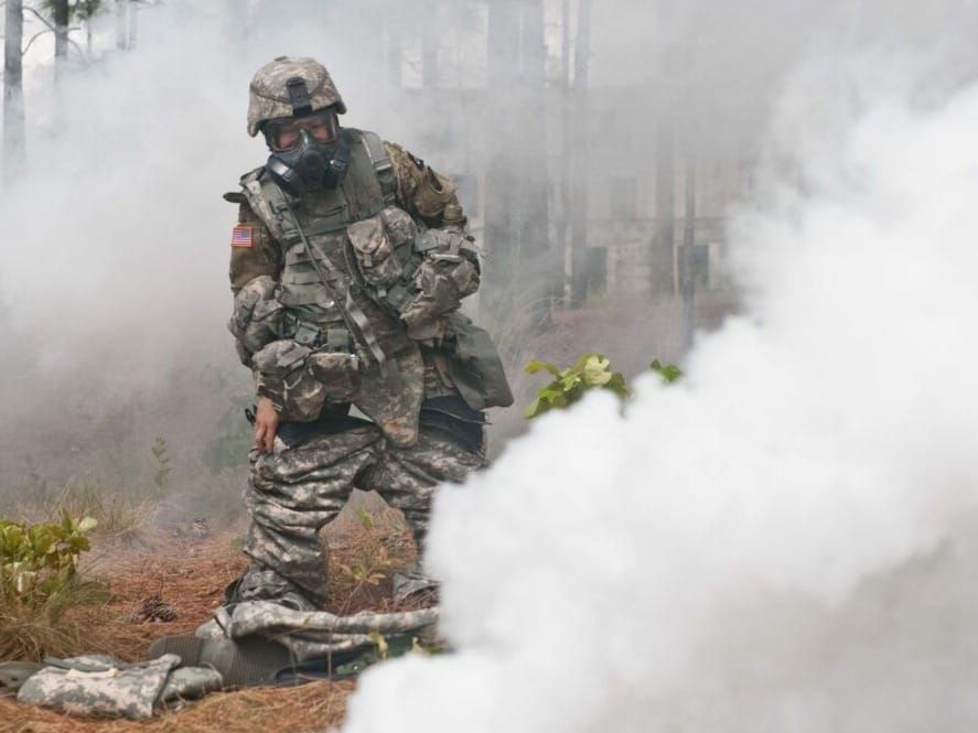 A U.S. Army specialist training in nuclear, biological and chemical attacks at Fort Bragg.