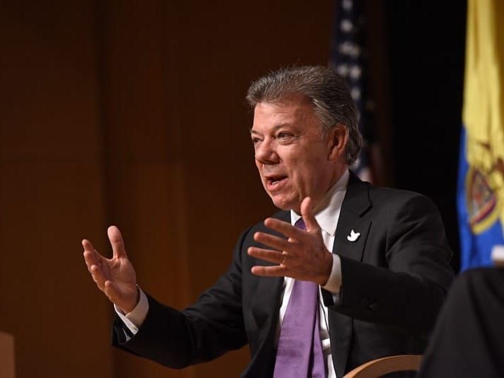Then-President Juan Manuel Santos speaking at Washington in 2016. 
