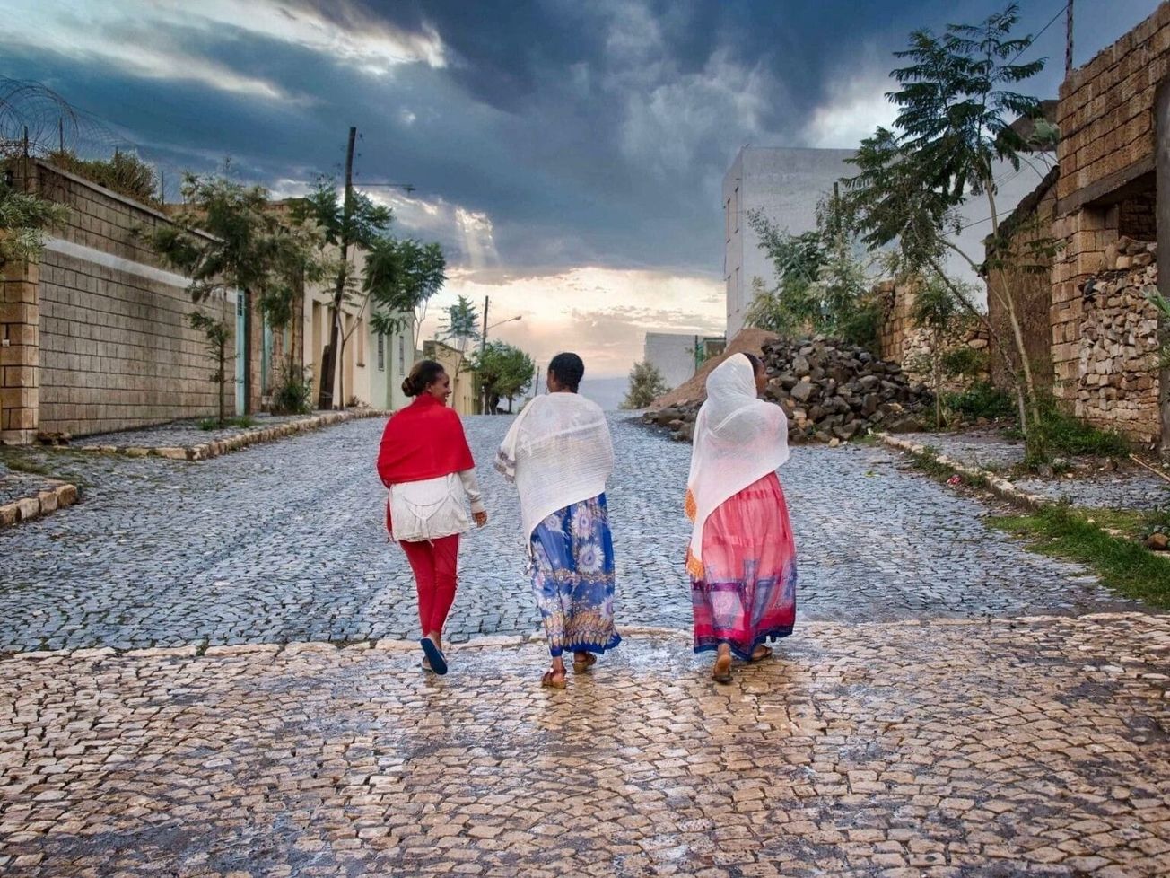Three women on Adigrat Street in Tigray, Ethiopia