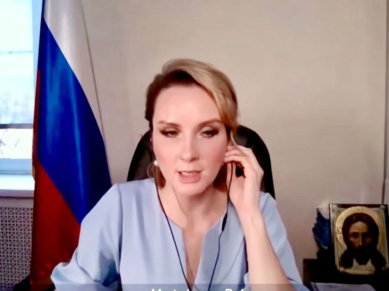 Russia’s commissioner for children’s rights, Maria Lvova-Belova, speaks by videoconference to the U.N. Security Council.